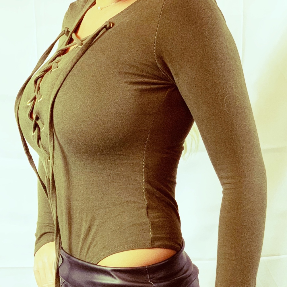 Fashion Love Brown Lace Up Long Sleeve Bodysuit - Picture 2 of 7